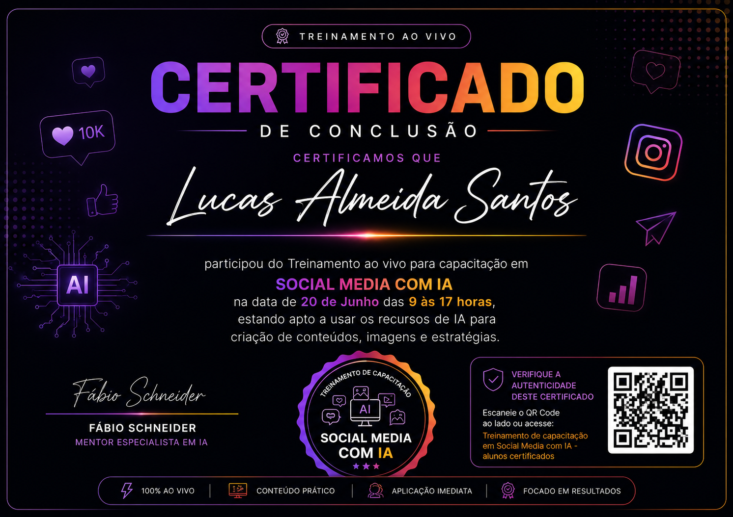 Certificado oficial da AI Pro Academy com QR Code para validação online